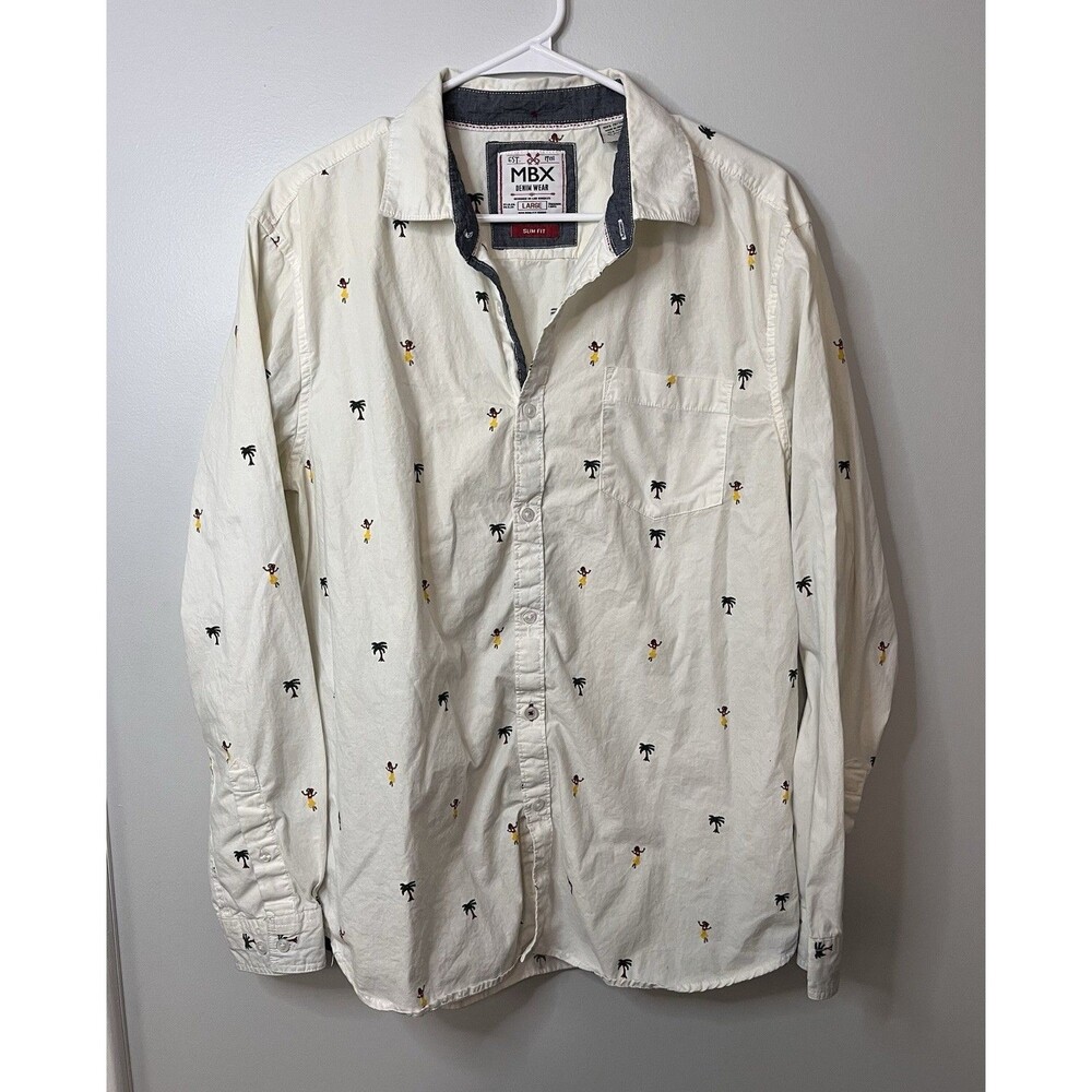 MBX Denim Wear Mens Large Hawaiian Shirt, Cream Hula Girl Palm Tree Button Up